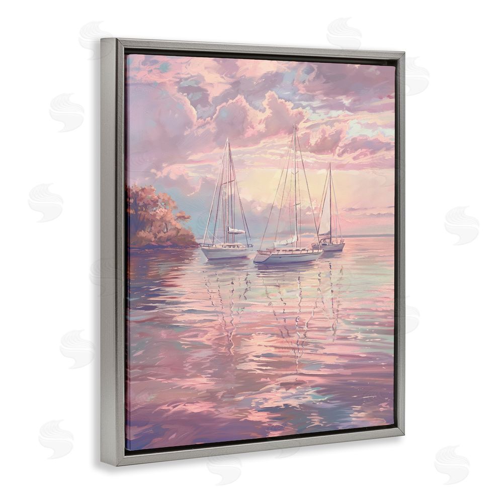 Ziwei Li Pastel Sunset over Anchored Boats Gray Floating Frame Canvas Wall Art Print