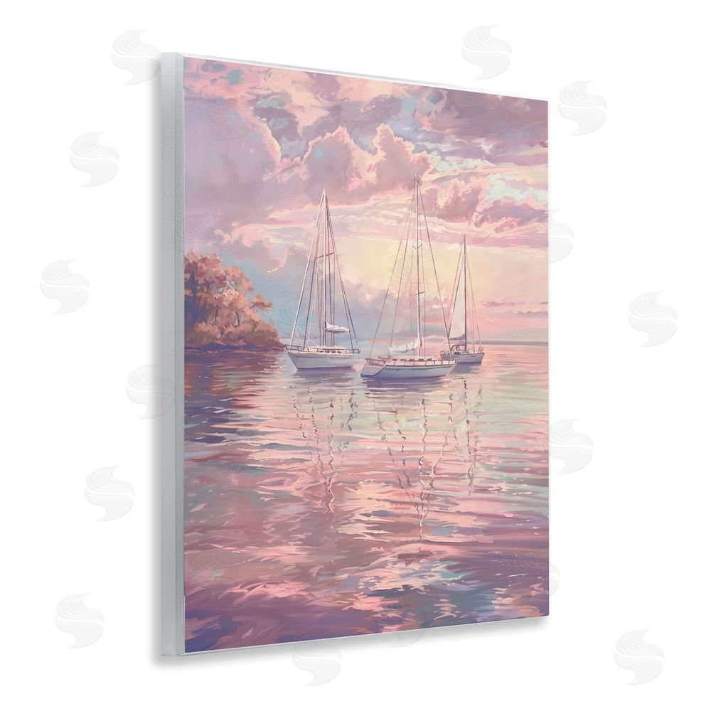 Ziwei Li Pastel Sunset over Anchored Boats Wooden Wall Plaque Art Print