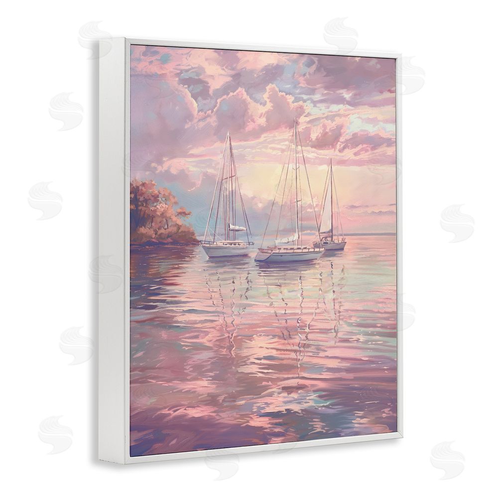 Ziwei Li Pastel Sunset over Anchored Boats White Framed Giclee Wall Art Print