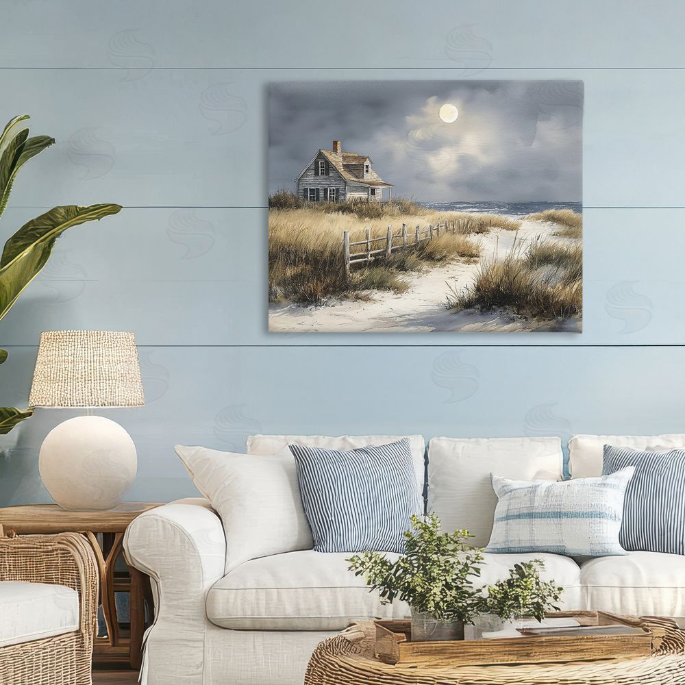 Ziwei Li Moonlit Cottage by the Dunes Stretched Canvas Wall Art in Room