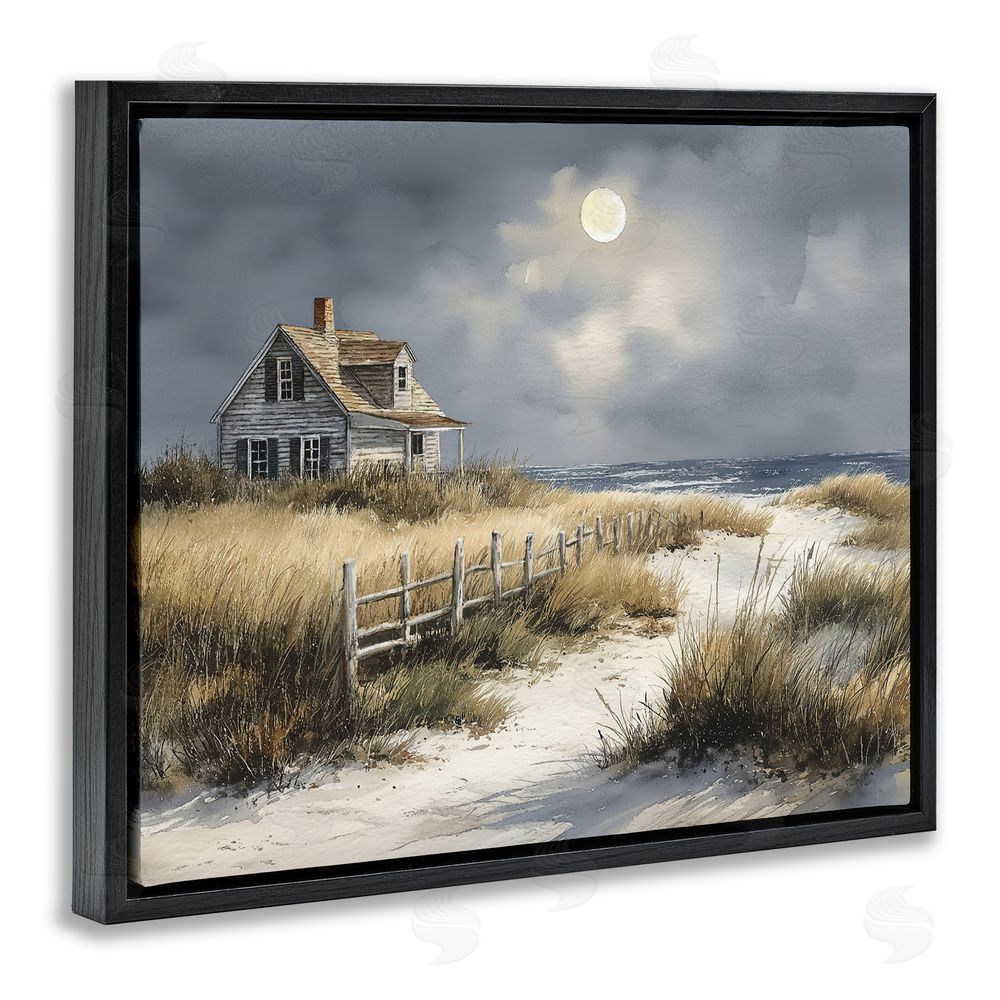 Ziwei Li Moonlit Cottage by the Dunes Black Floating Frame Canvas Wall Art Print