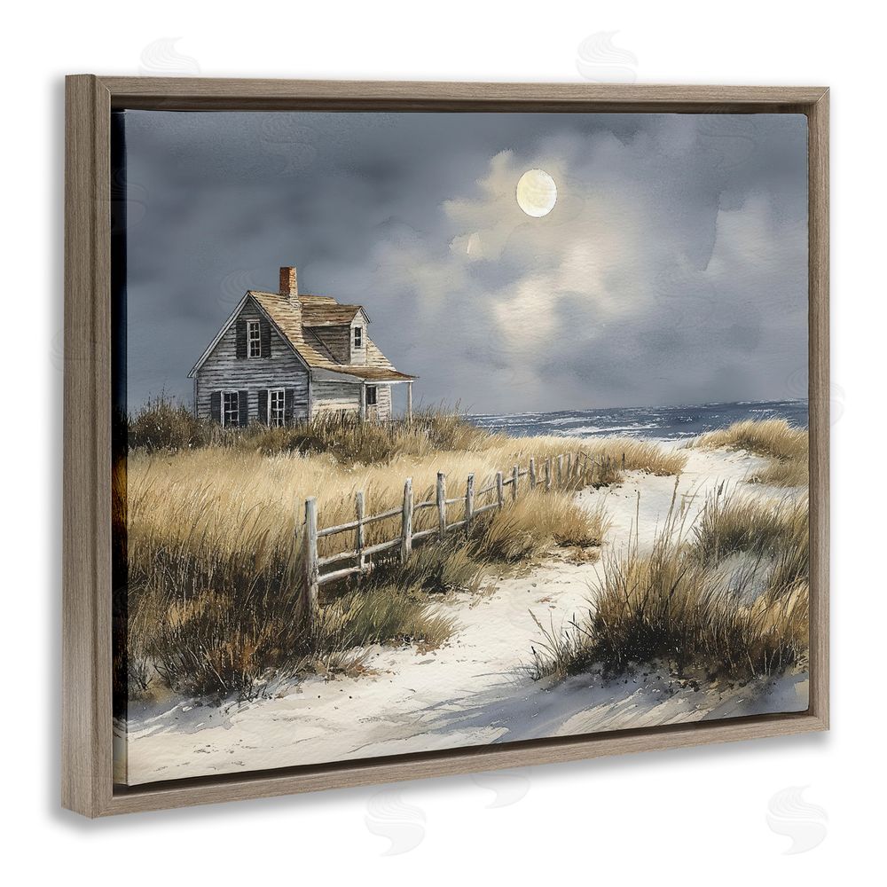 Ziwei Li Moonlit Cottage by the Dunes Brown Floating Frame Canvas Wall Art Print