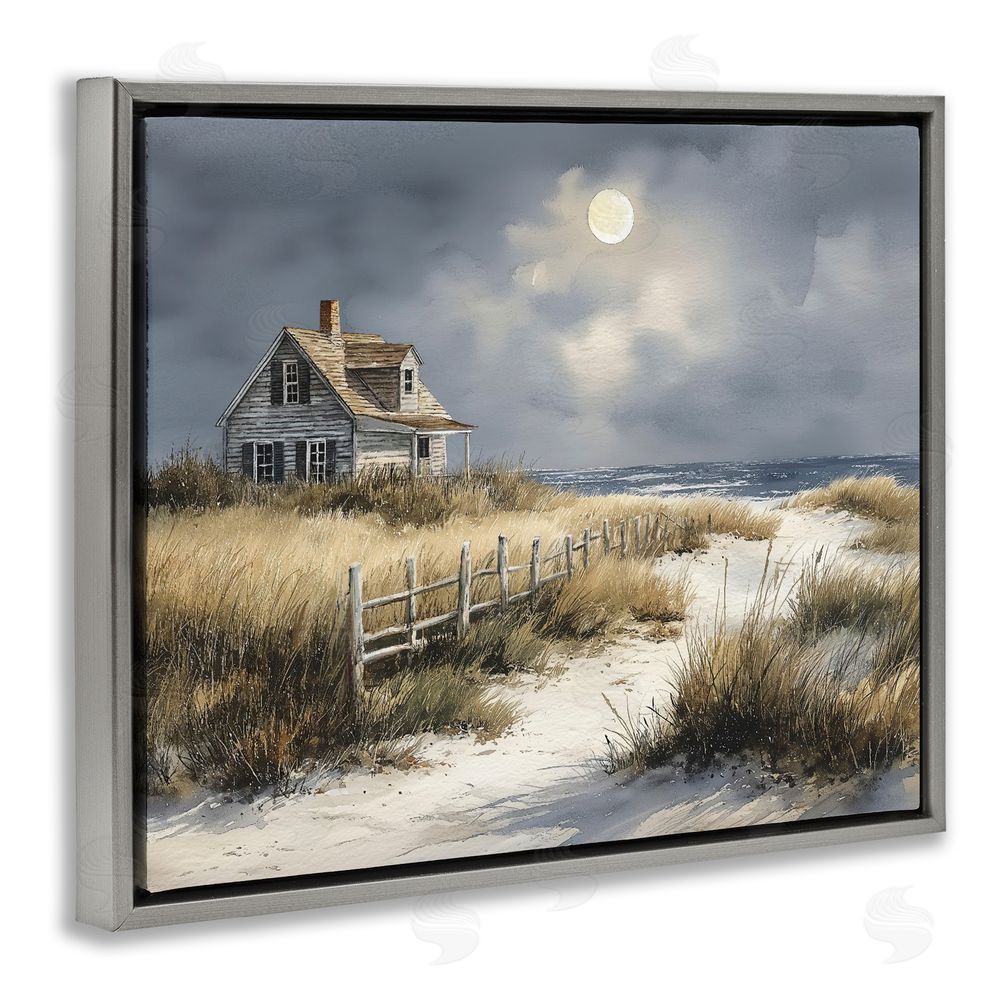 Ziwei Li Moonlit Cottage by the Dunes Gray Floating Frame Canvas Wall Art Print