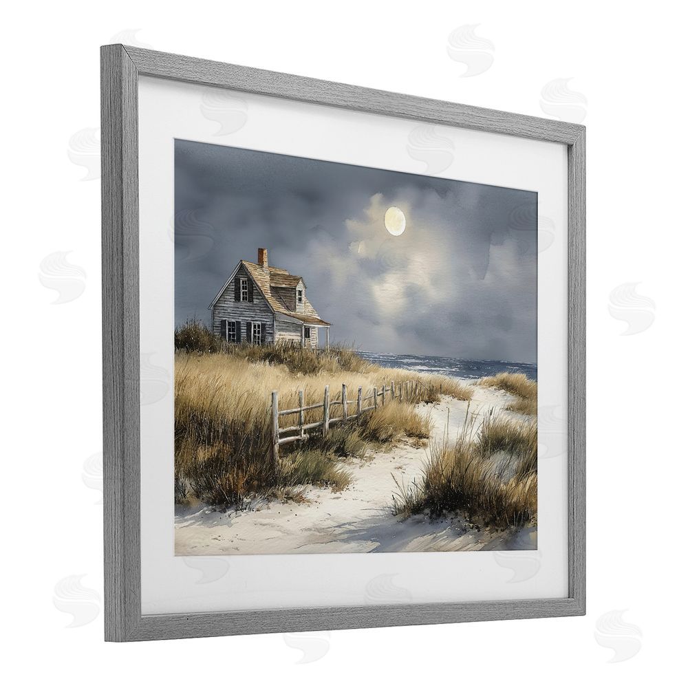 Ziwei Li Moonlit Cottage by the Dunes Gray Framed Print Under Glass Wall Art