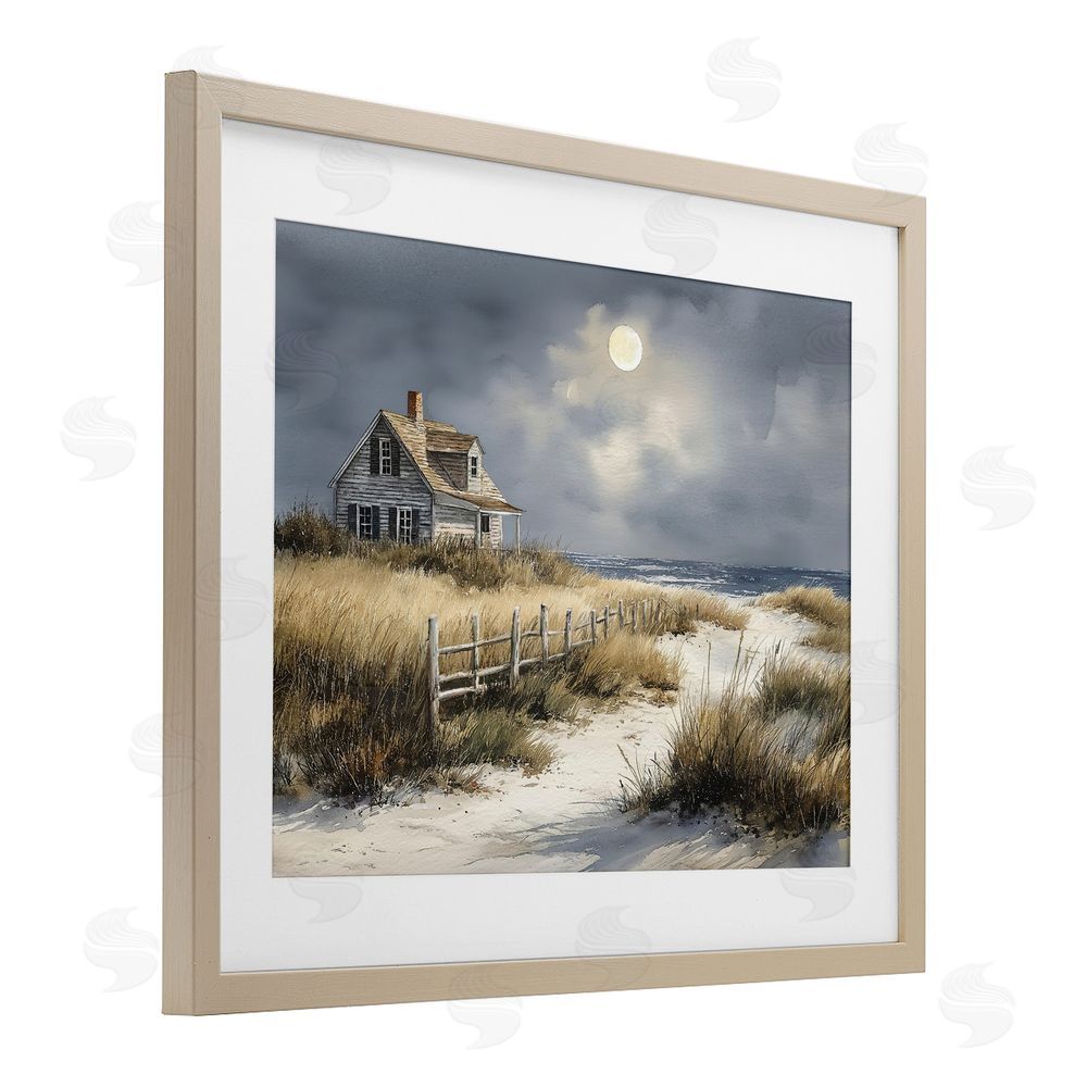 Ziwei Li Moonlit Cottage by the Dunes Brown Framed Print Under Glass Wall Art