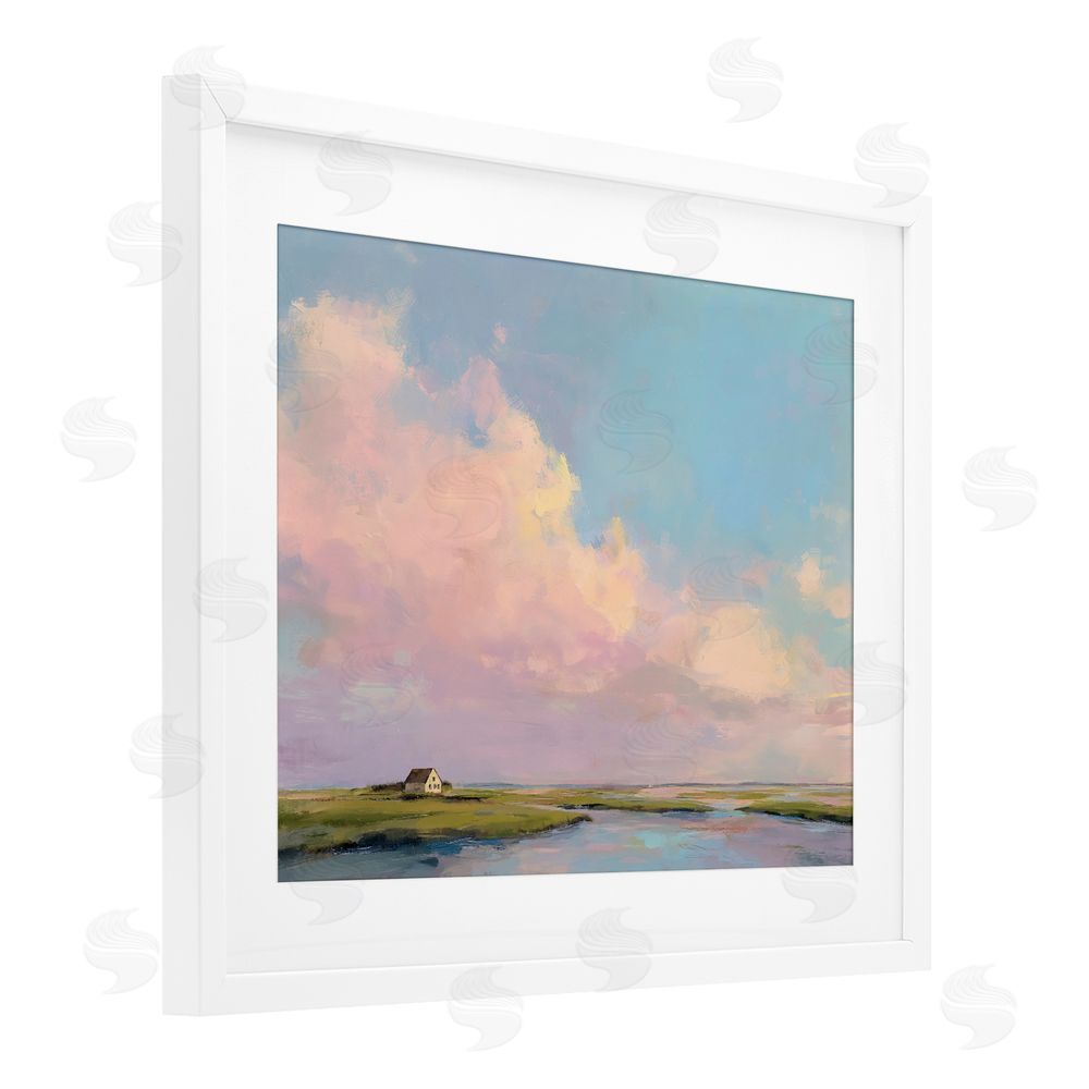 Ziwei Li Pastel Clouds over Cottage White Framed Print Under Glass Wall Art