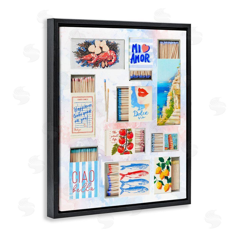 Ziwei Li Mediterranean Matchbox Collage Black Floating Frame Canvas Wall Art Print