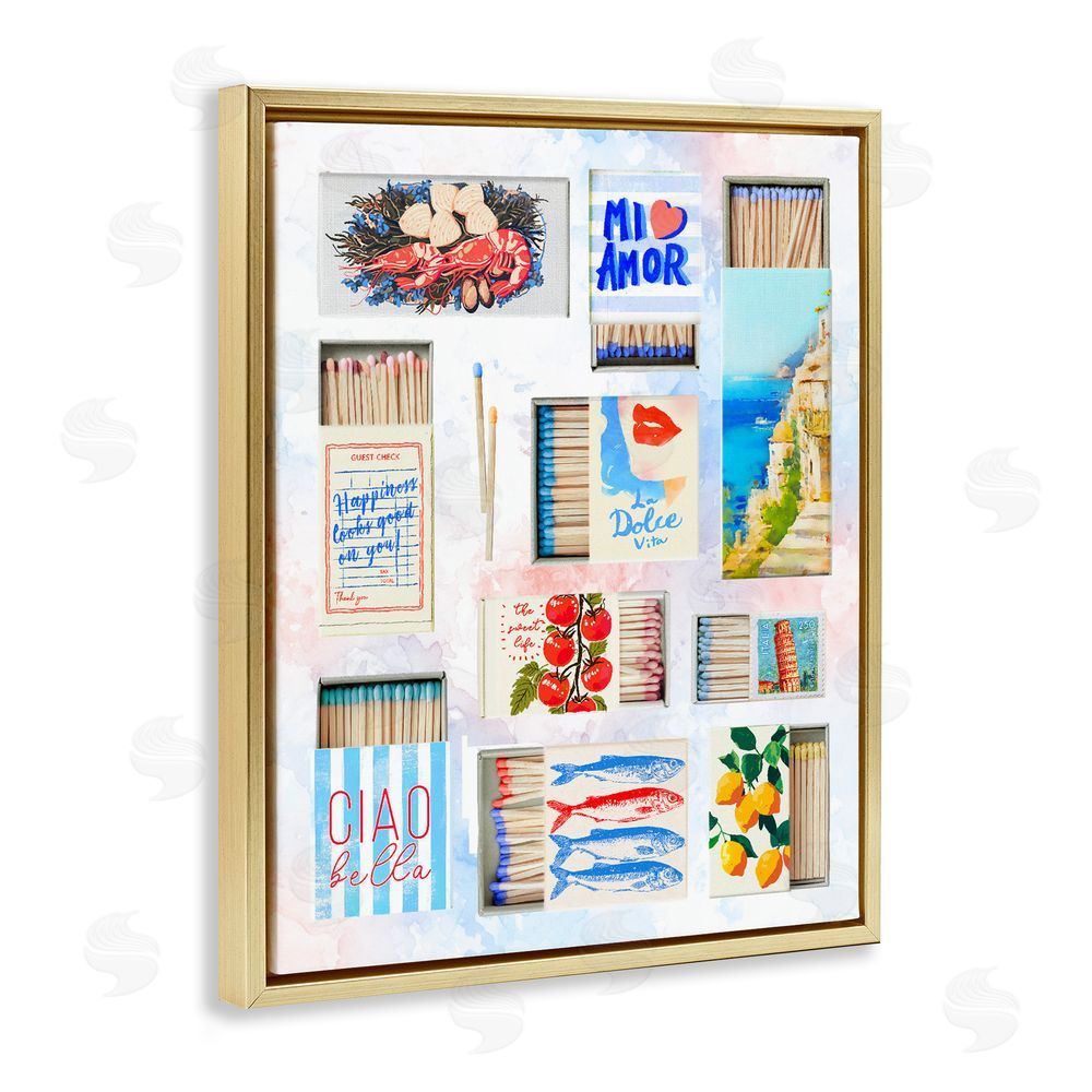 Ziwei Li Mediterranean Matchbox Collage Gold Floating Frame Canvas Wall Art Print