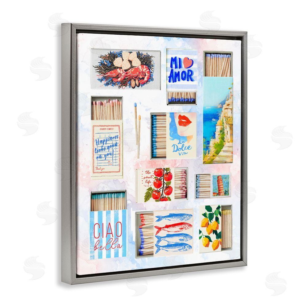 Ziwei Li Mediterranean Matchbox Collage Gray Floating Frame Canvas Wall Art Print