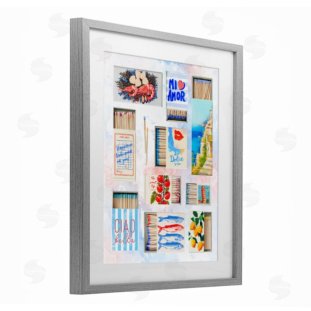 Ziwei Li Mediterranean Matchbox Collage Gray Framed Print Under Glass Wall Art
