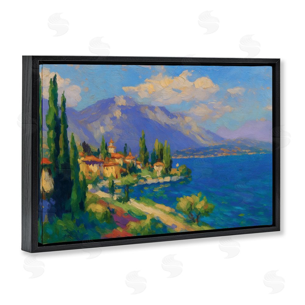 Ziwei Li Brushed Impression Lakeside Village Black Floating Frame Canvas Wall Art Print