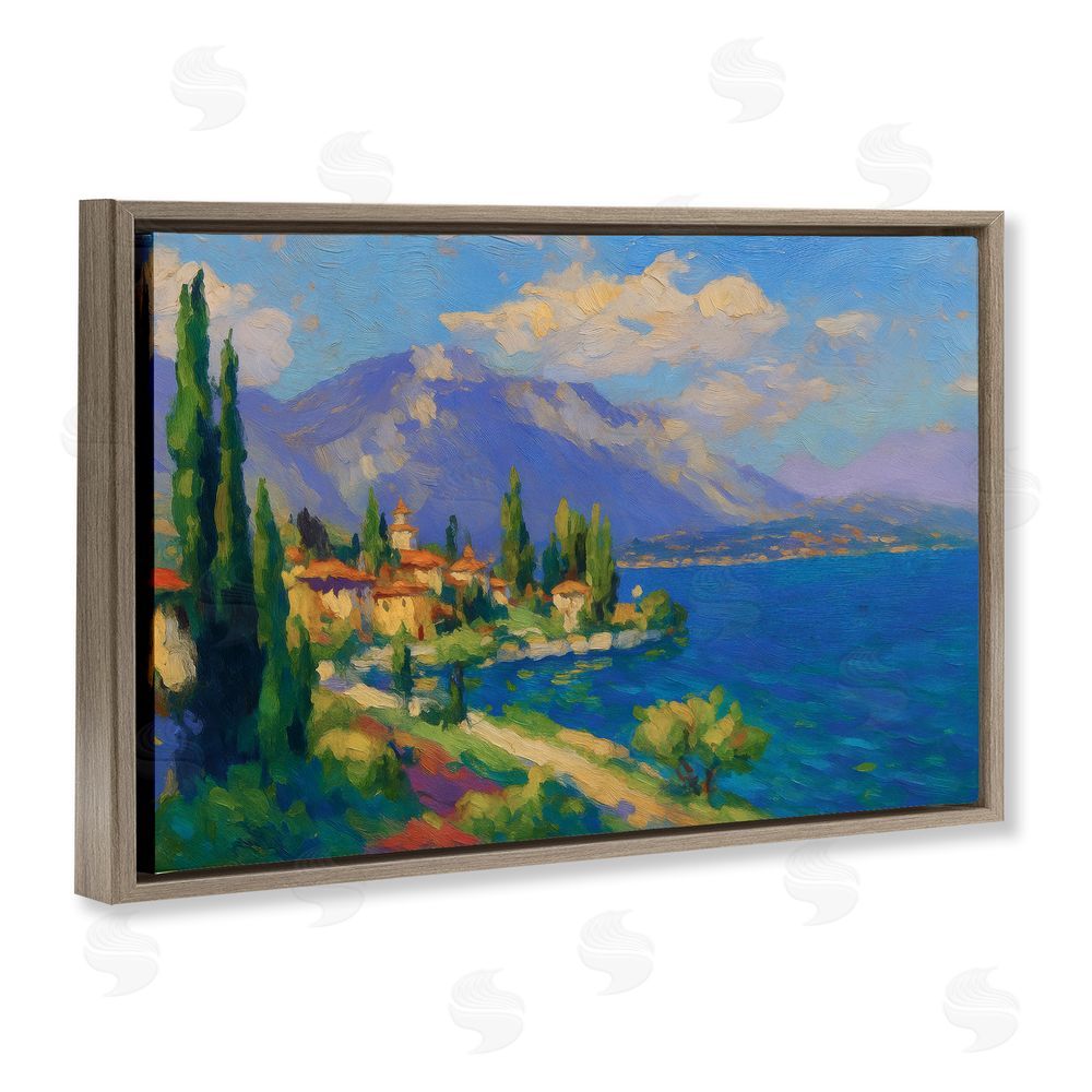 Ziwei Li Brushed Impression Lakeside Village Brown Floating Frame Canvas Wall Art Print