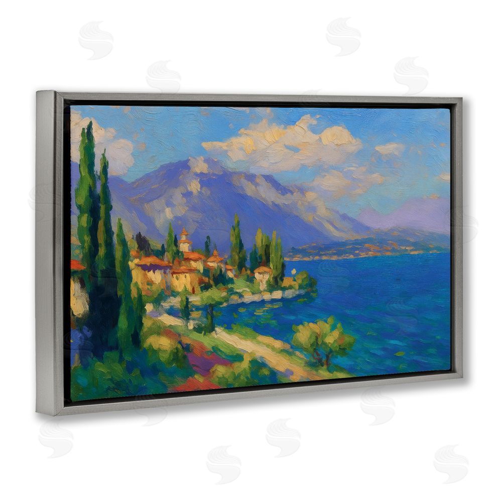 Ziwei Li Brushed Impression Lakeside Village Gray Floating Frame Canvas Wall Art Print