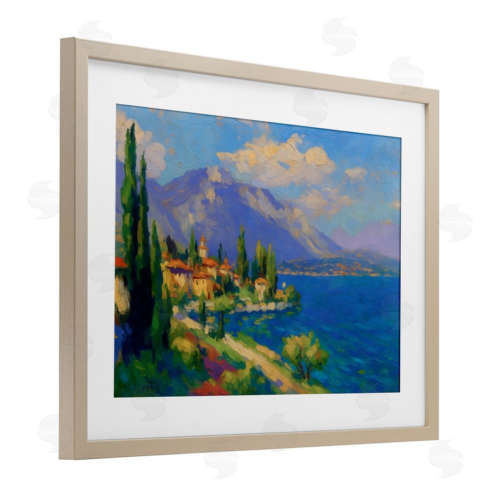 Ziwei Li Brushed Impression Lakeside Village Brown Framed Print Under Glass Wall Art