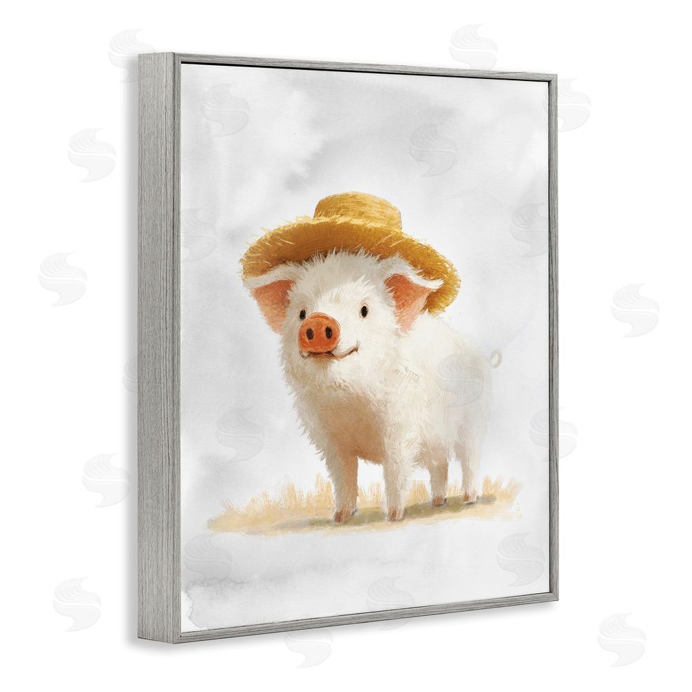 Ziwei Li Piglet in Straw Hat Gray Framed Giclee Wall Art Print