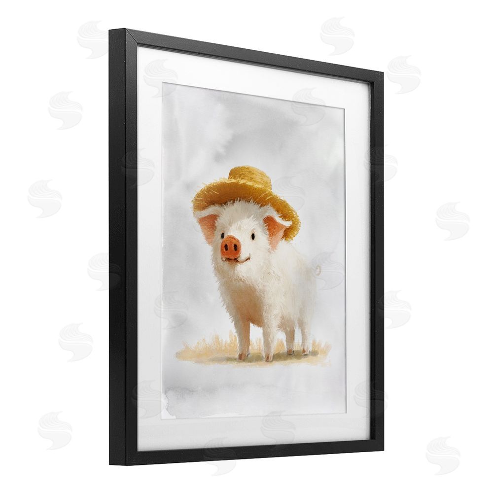 Ziwei Li Piglet in Straw Hat Black Framed Print Under Glass Wall Art