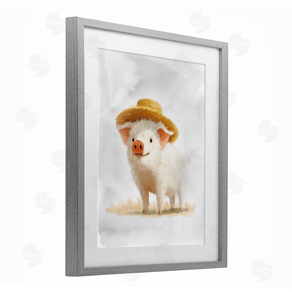 Ziwei Li Piglet in Straw Hat Gray Framed Print Under Glass Wall Art
