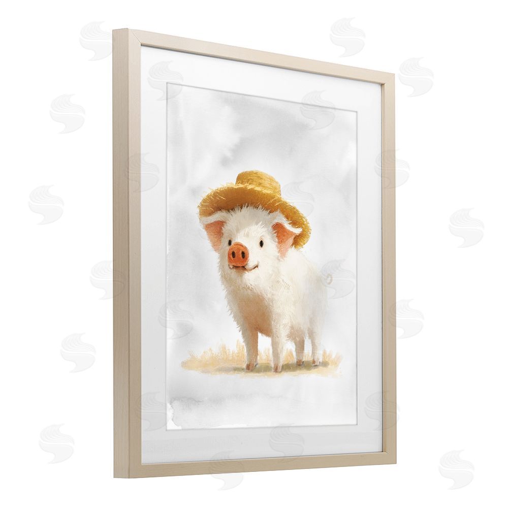 Ziwei Li Piglet in Straw Hat Brown Framed Print Under Glass Wall Art