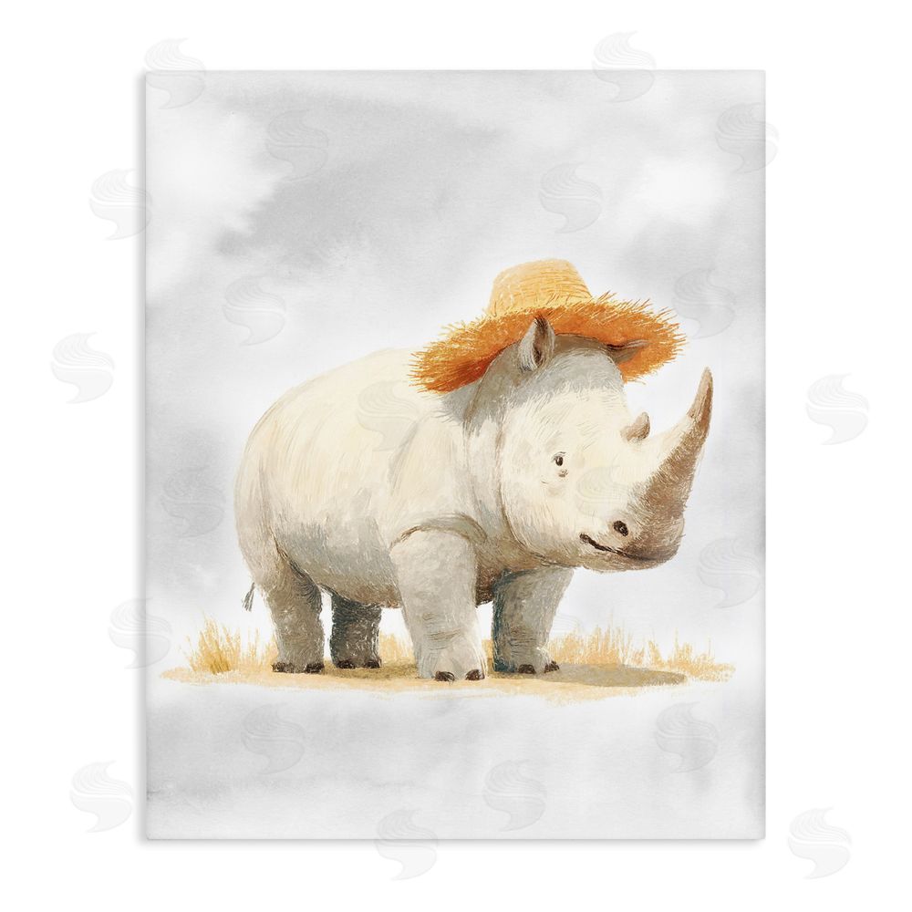 Ziwei Li Rhino in Straw Hat Stretched Canvas Wall Art Print