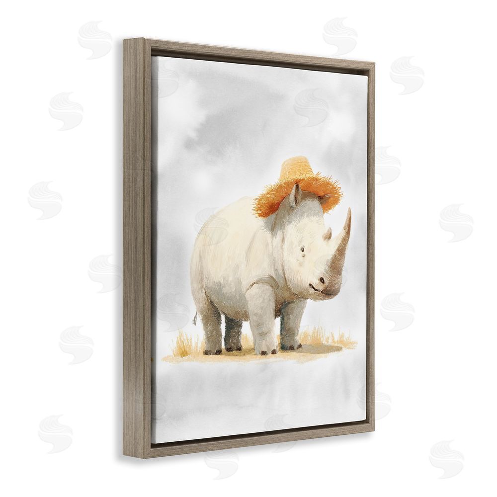Ziwei Li Rhino in Straw Hat Brown Floating Frame Canvas Wall Art Print