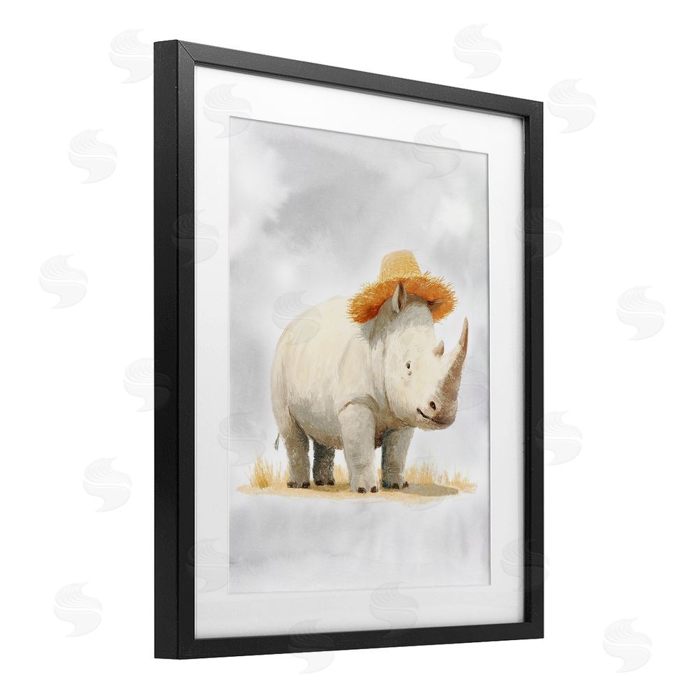 Ziwei Li Rhino in Straw Hat Black Framed Print Under Glass Wall Art
