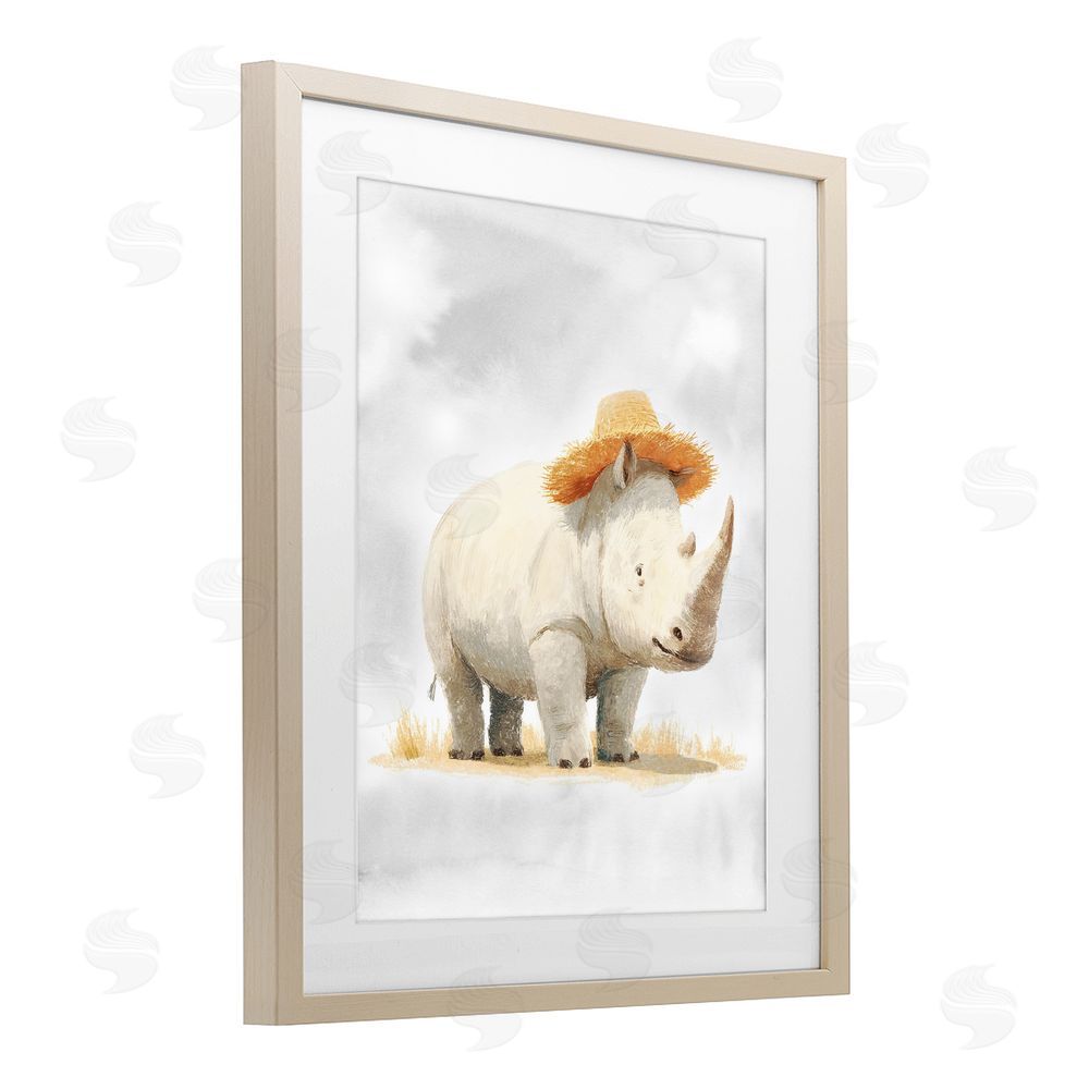 Ziwei Li Rhino in Straw Hat Brown Framed Print Under Glass Wall Art