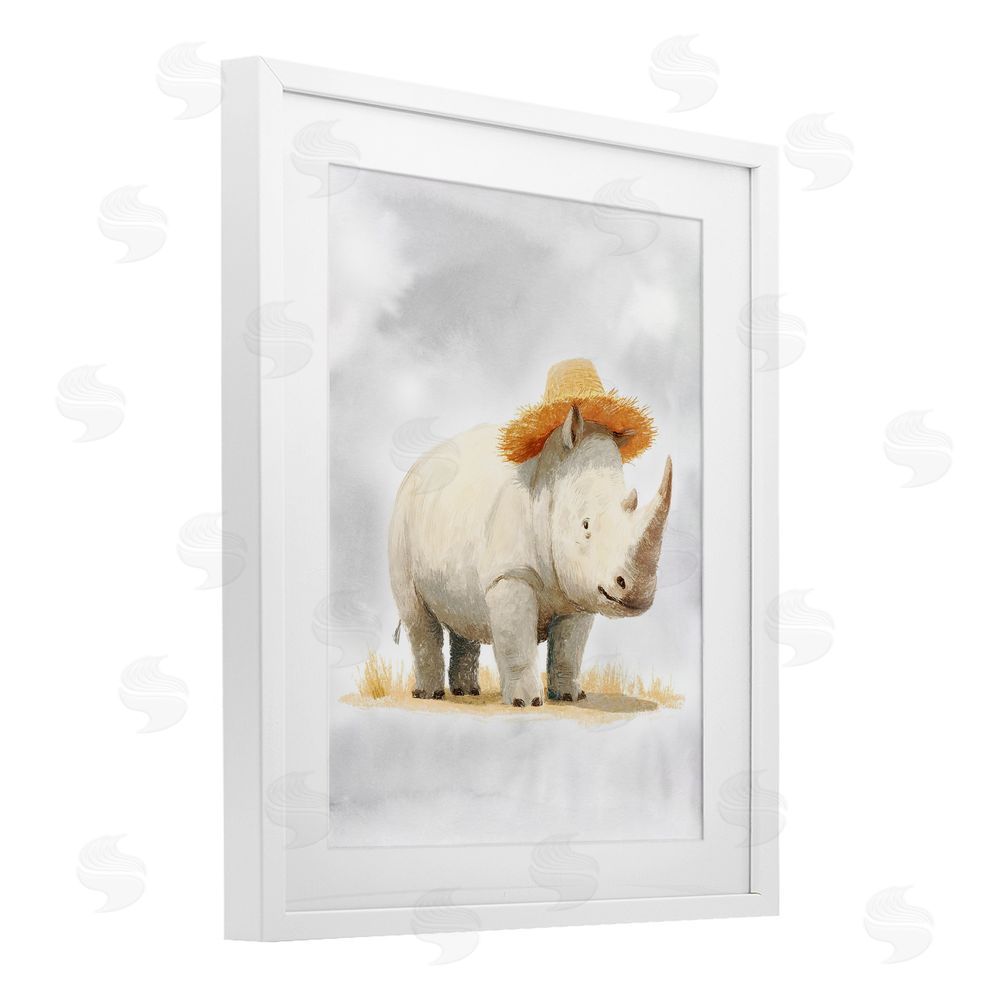 Ziwei Li Rhino in Straw Hat White Framed Print Under Glass Wall Art