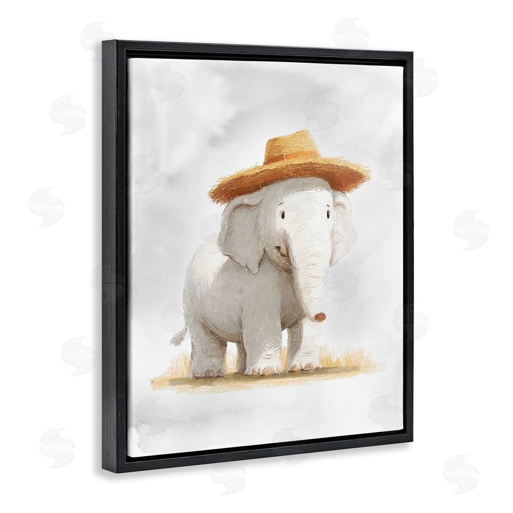 Ziwei Li Elephant In Straw Hat Black Floating Frame Canvas Wall Art Print