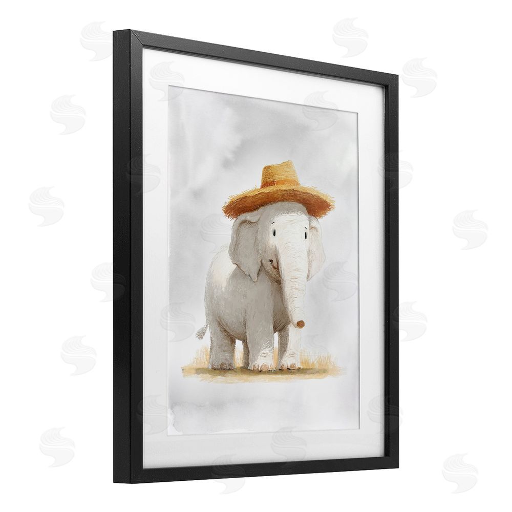Ziwei Li Elephant In Straw Hat Black Framed Print Under Glass Wall Art