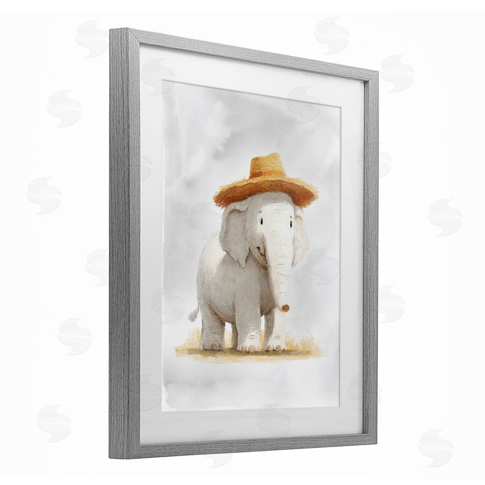 Ziwei Li Elephant In Straw Hat Gray Framed Print Under Glass Wall Art