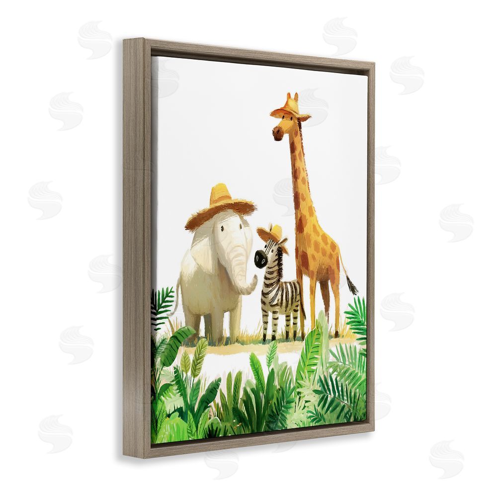 Ziwei Li Safari Trio in Straw Hats Brown Floating Frame Canvas Wall Art Print