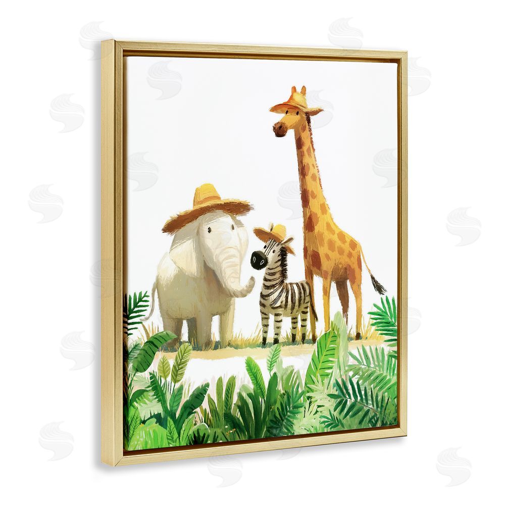 Ziwei Li Safari Trio in Straw Hats Gold Floating Frame Canvas Wall Art Print