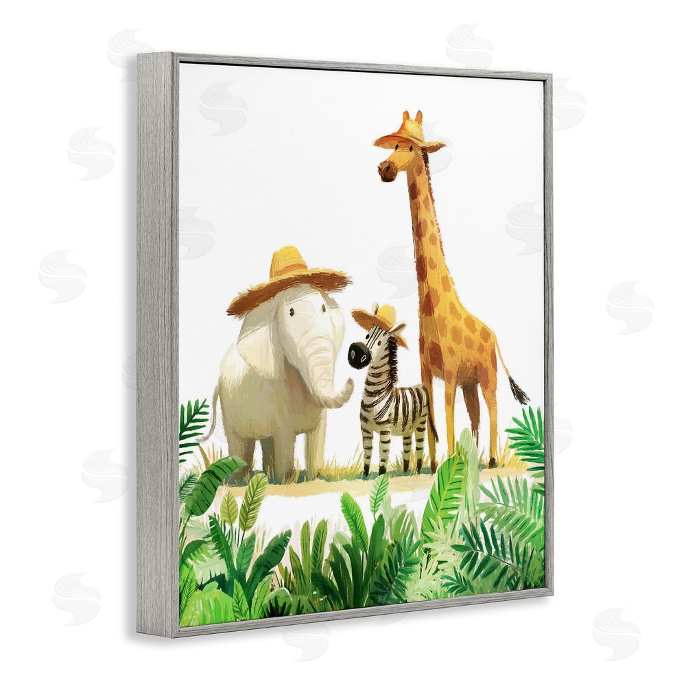 Ziwei Li Safari Trio in Straw Hats Gray Framed Giclee Wall Art Print