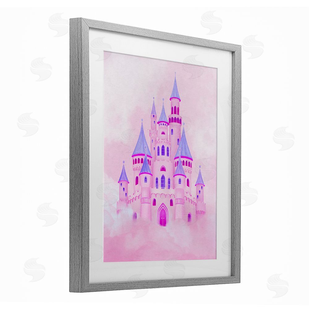 Ziwei Li Pink Fairytale Castle in Clouds Gray Framed Print Under Glass Wall Art