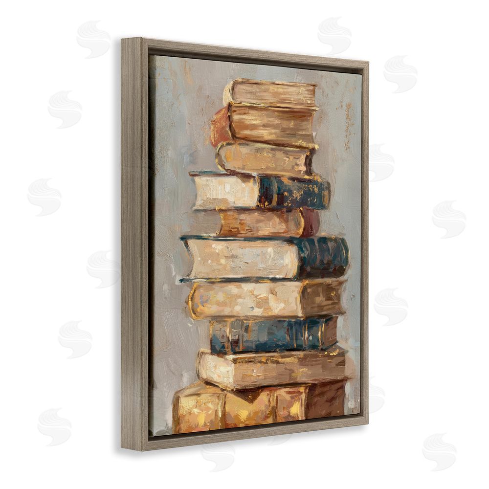 Ziwei Li Antique Stacked Books Brown Floating Frame Canvas Wall Art Print