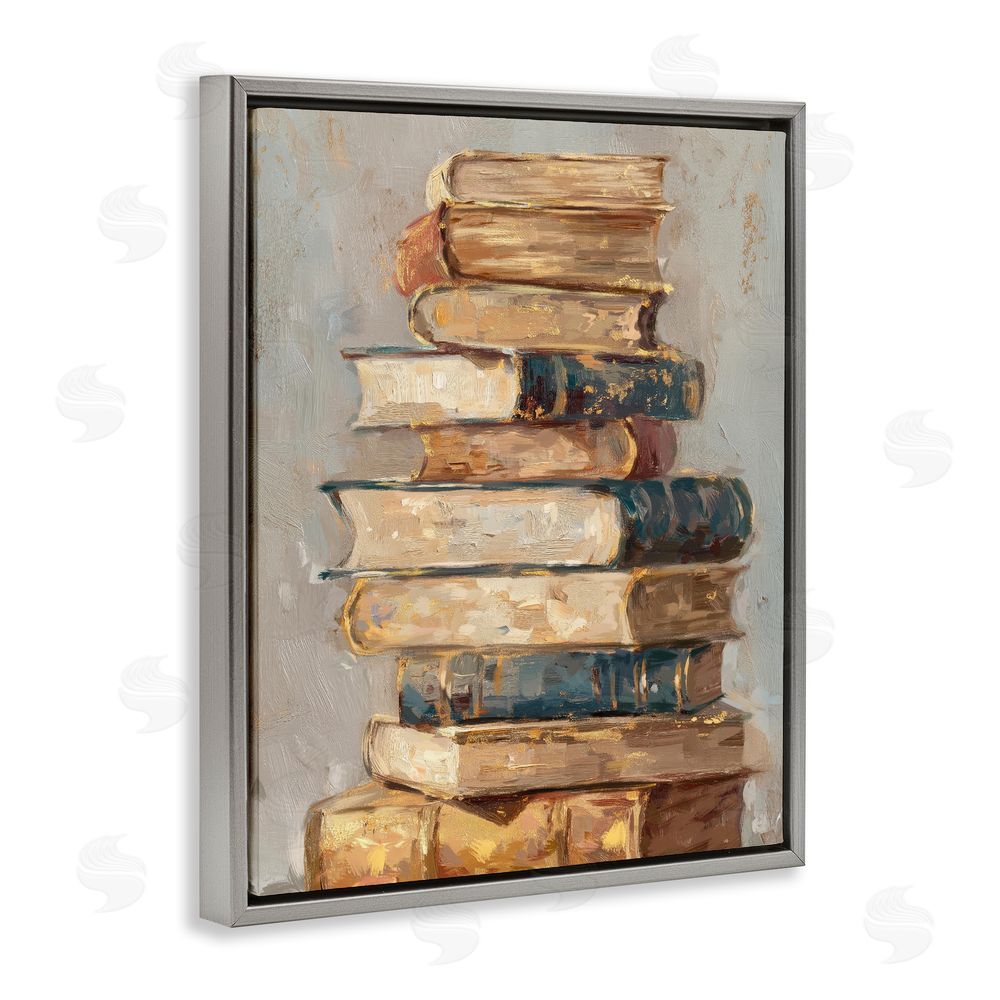 Ziwei Li Antique Stacked Books Gray Floating Frame Canvas Wall Art Print