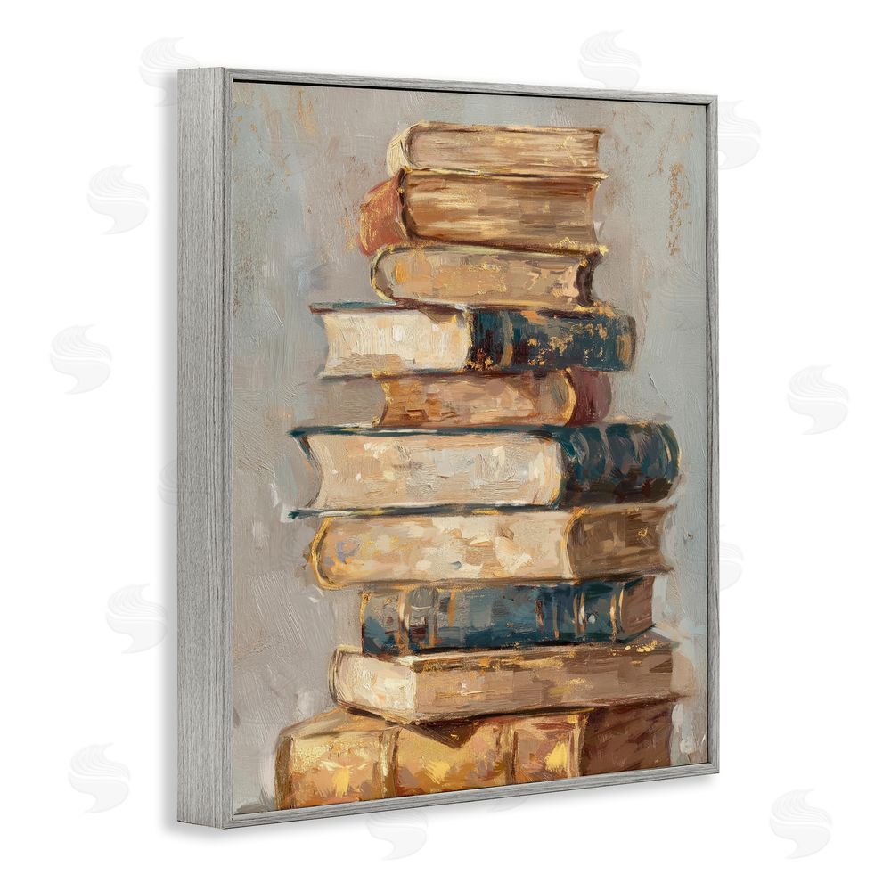 Ziwei Li Antique Stacked Books Gray Framed Giclee Wall Art Print