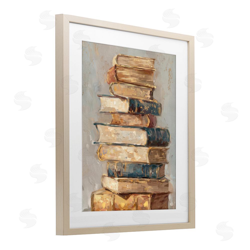 Ziwei Li Antique Stacked Books Brown Framed Print Under Glass Wall Art