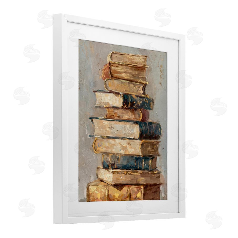 Ziwei Li Antique Stacked Books White Framed Print Under Glass Wall Art