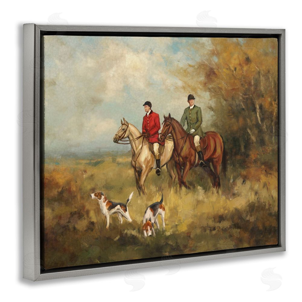 Ziwei Li Autumn Riders with Hounds Gray Floating Frame Stretched Canvas Wall Art Print