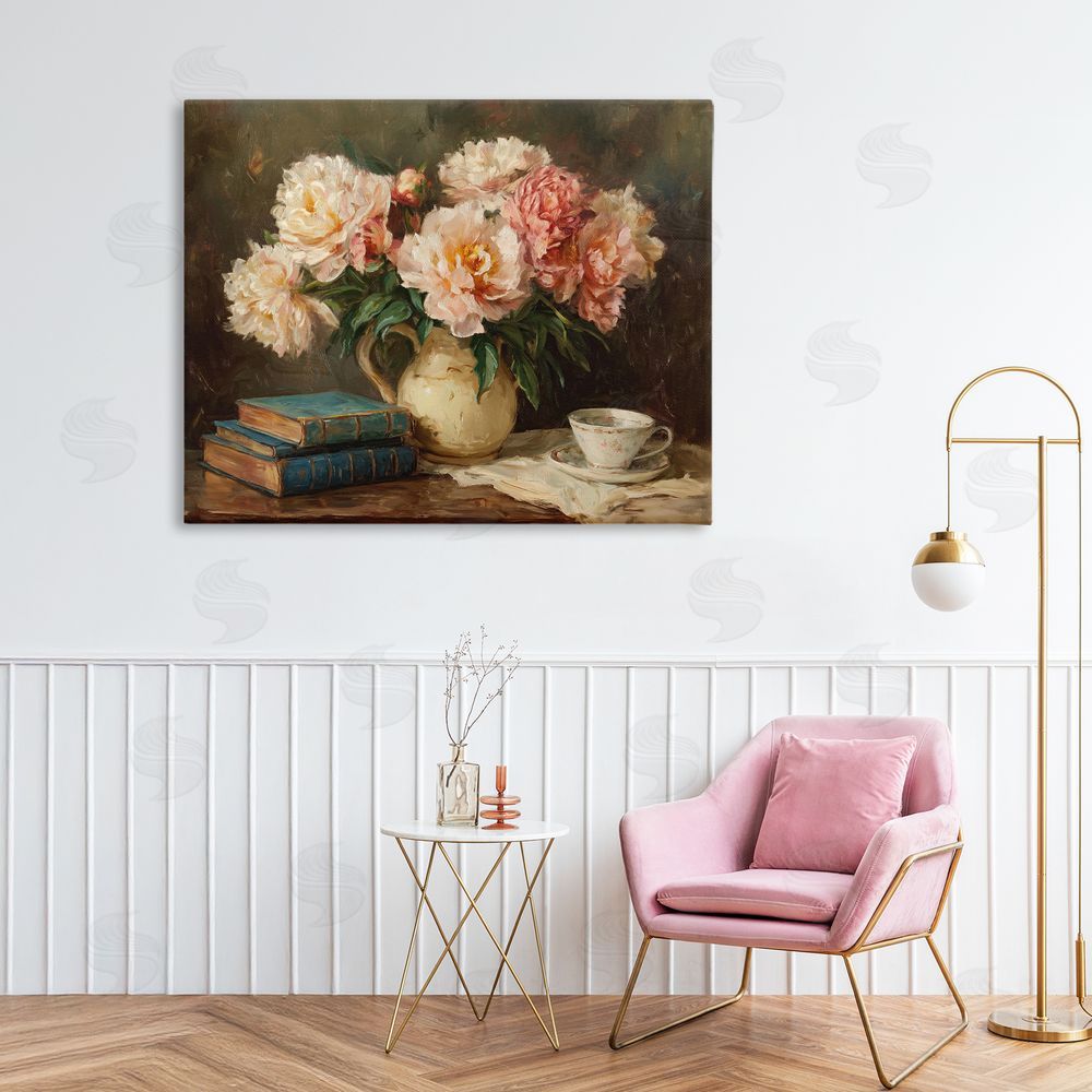 Ziwei Li Peonies Pitcher with Books Stretched Canvas Wall Art in Room