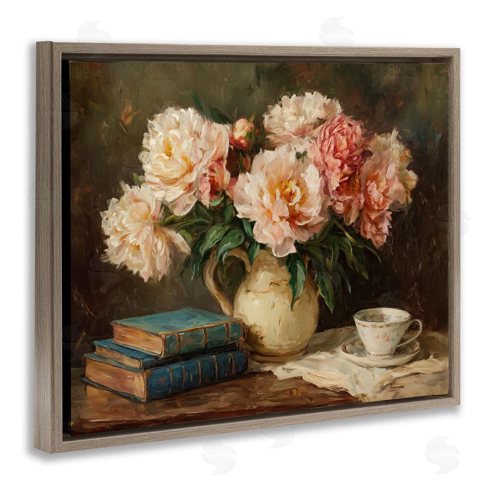 Ziwei Li Peonies Pitcher with Books Brown Floating Frame Canvas Wall Art Print