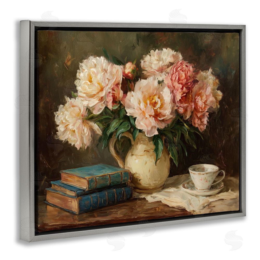 Ziwei Li Peonies Pitcher with Books Gray Floating Frame Canvas Wall Art Print