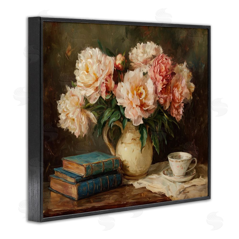 Ziwei Li Peonies Pitcher with Books Black Framed Giclee Wall Art Print