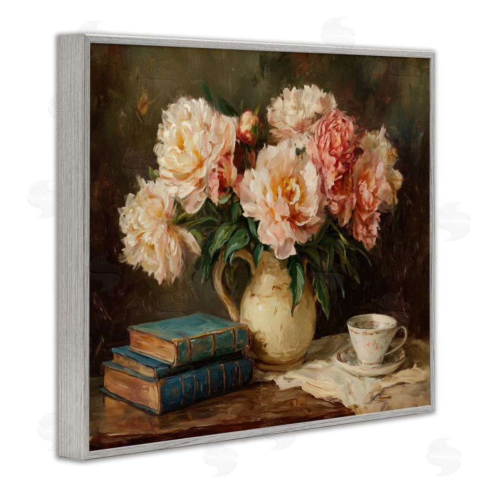 Ziwei Li Peonies Pitcher with Books Gray Framed Giclee Wall Art Print