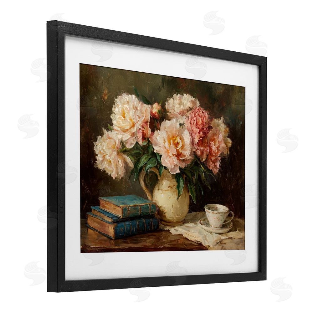 Ziwei Li Peonies Pitcher with Books Black Framed Print Under Glass Wall Art
