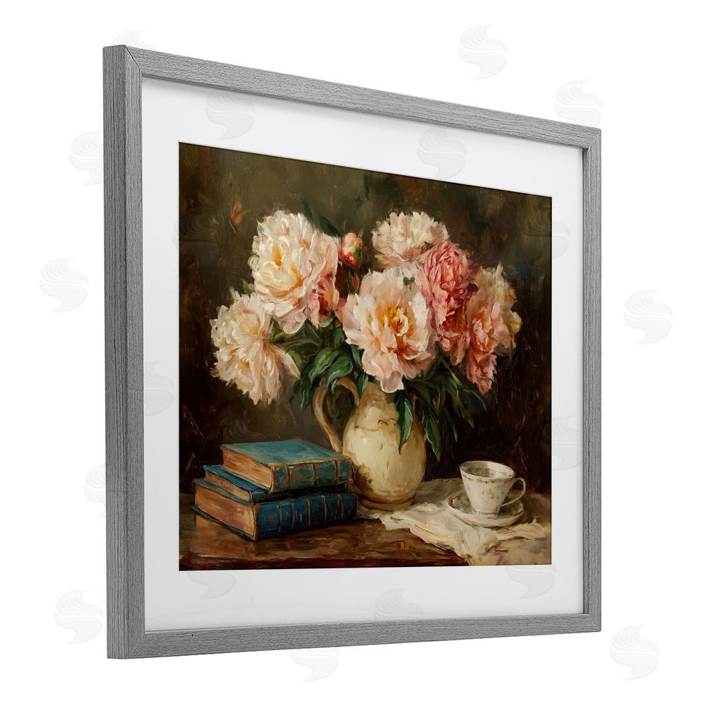 Ziwei Li Peonies Pitcher with Books Gray Framed Print Under Glass Wall Art