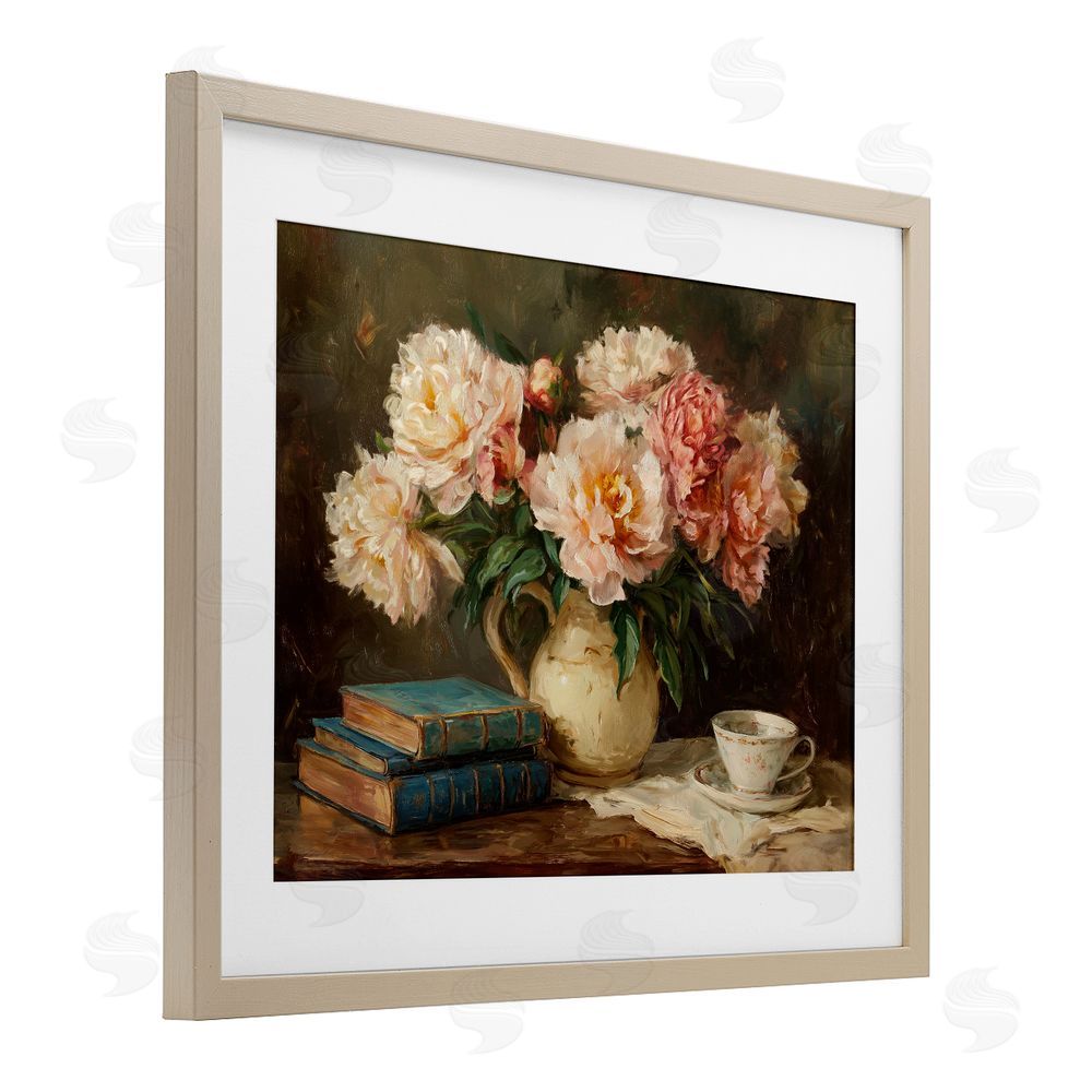 Ziwei Li Peonies Pitcher with Books Brown Framed Print Under Glass Wall Art