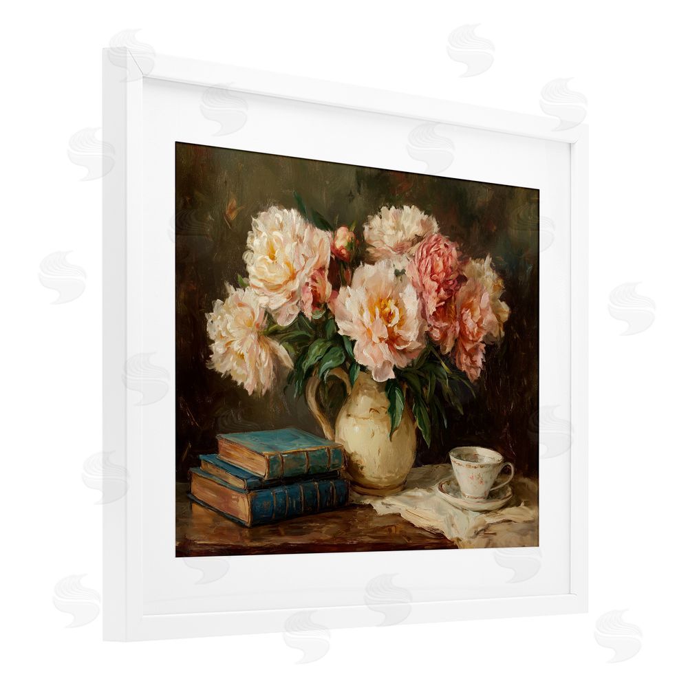 Ziwei Li Peonies Pitcher with Books White Framed Print Under Glass Wall Art