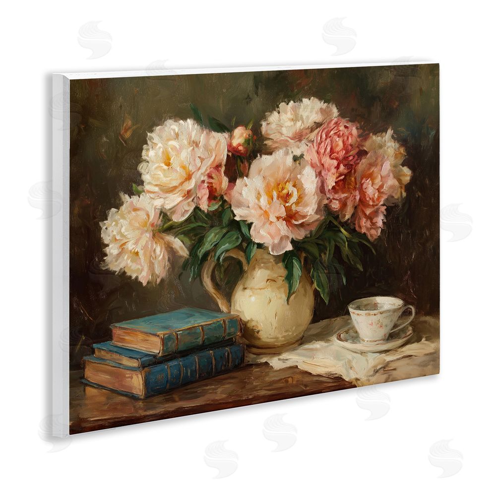 Ziwei Li Peonies Pitcher with Books Wooden Wall Plaque Art Print
